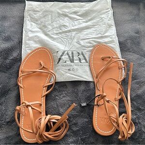 Zara TIED FLAT LEATHER SANDALS TRF